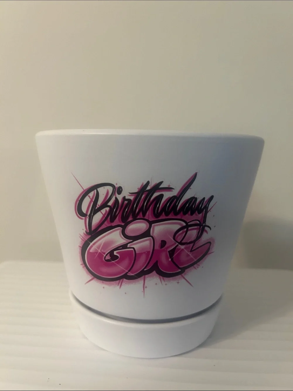 Birthday Girl White Party Planter with Pink Graffiti Design